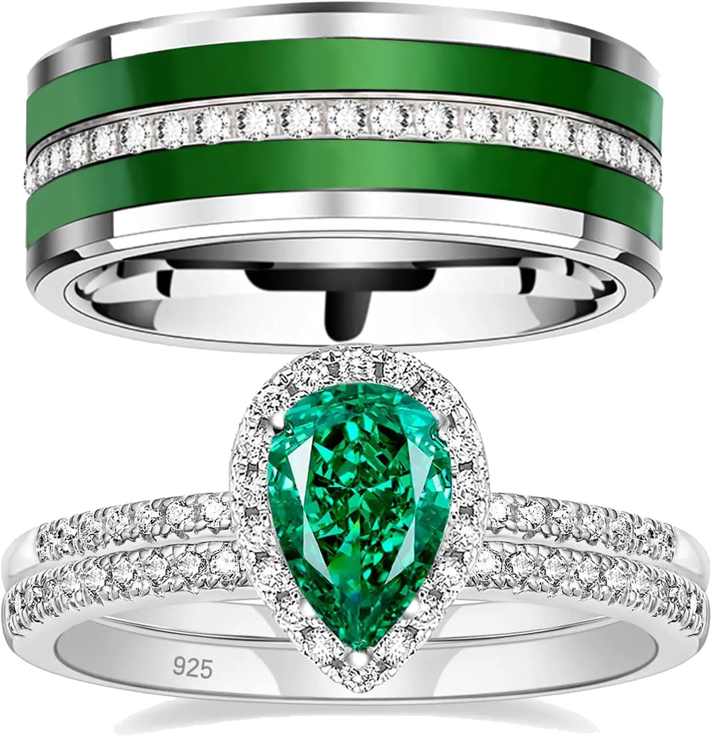 Couple Rings White Gold Plated 925 Sterling Silver Ring 2CT AAAAA Green CZ Women Wedding Ring Sets Men Titanium Steel Ring