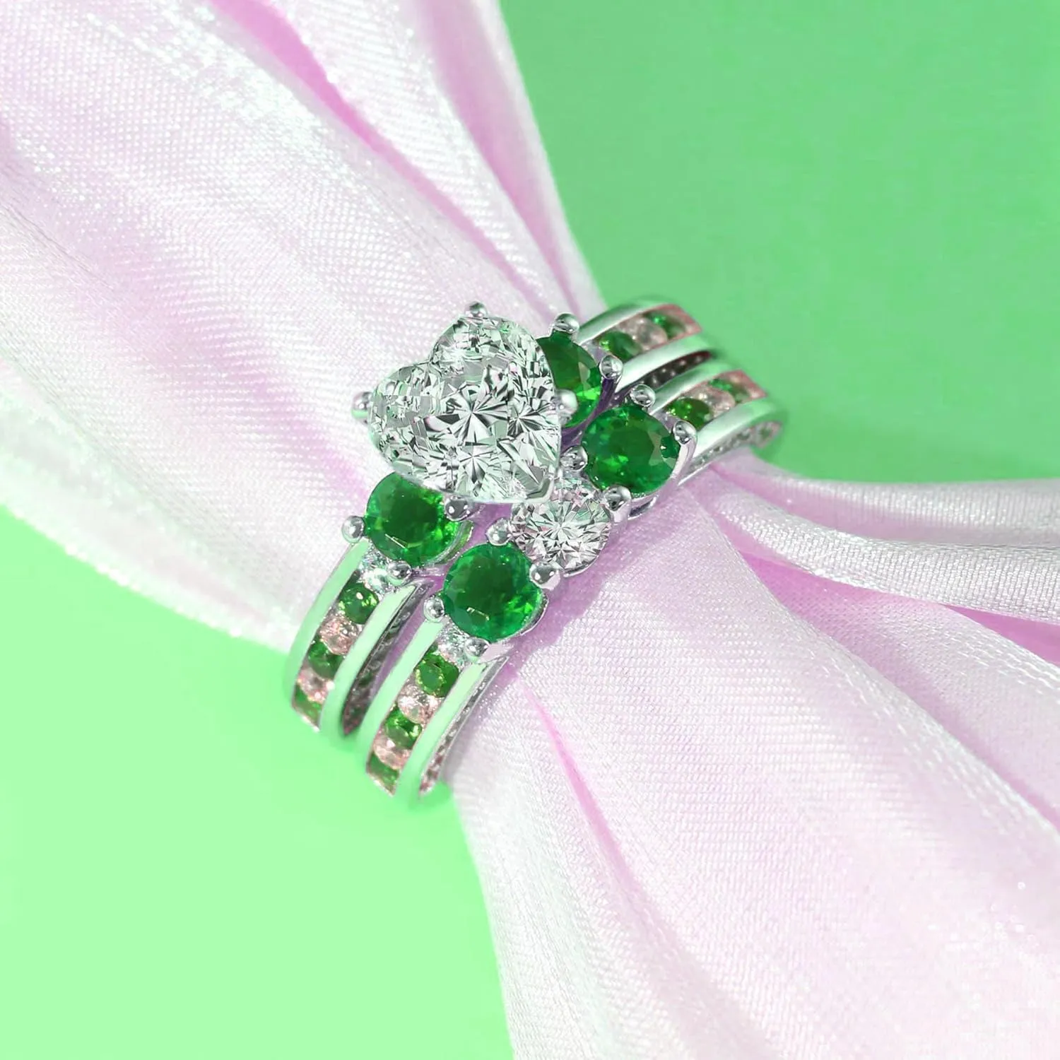 Couple Rings White Gold Plated 925 Sterling Silver Ring Green 1CT Heart CZ Women Wedding Ring Sets Men Titanium Steel Ring