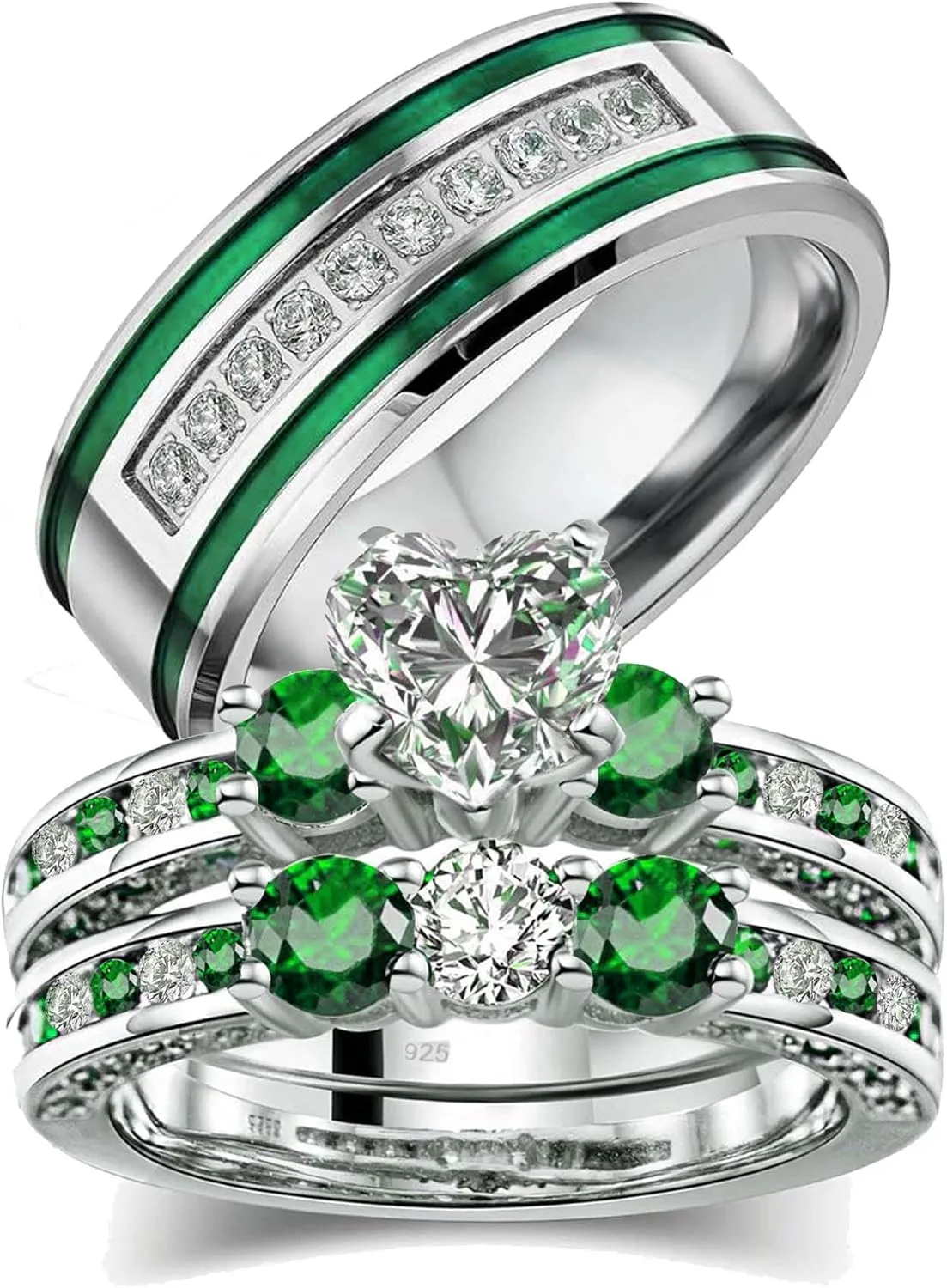 Couple Rings White Gold Plated 925 Sterling Silver Ring Green 1CT Heart CZ Women Wedding Ring Sets Men Titanium Steel Ring