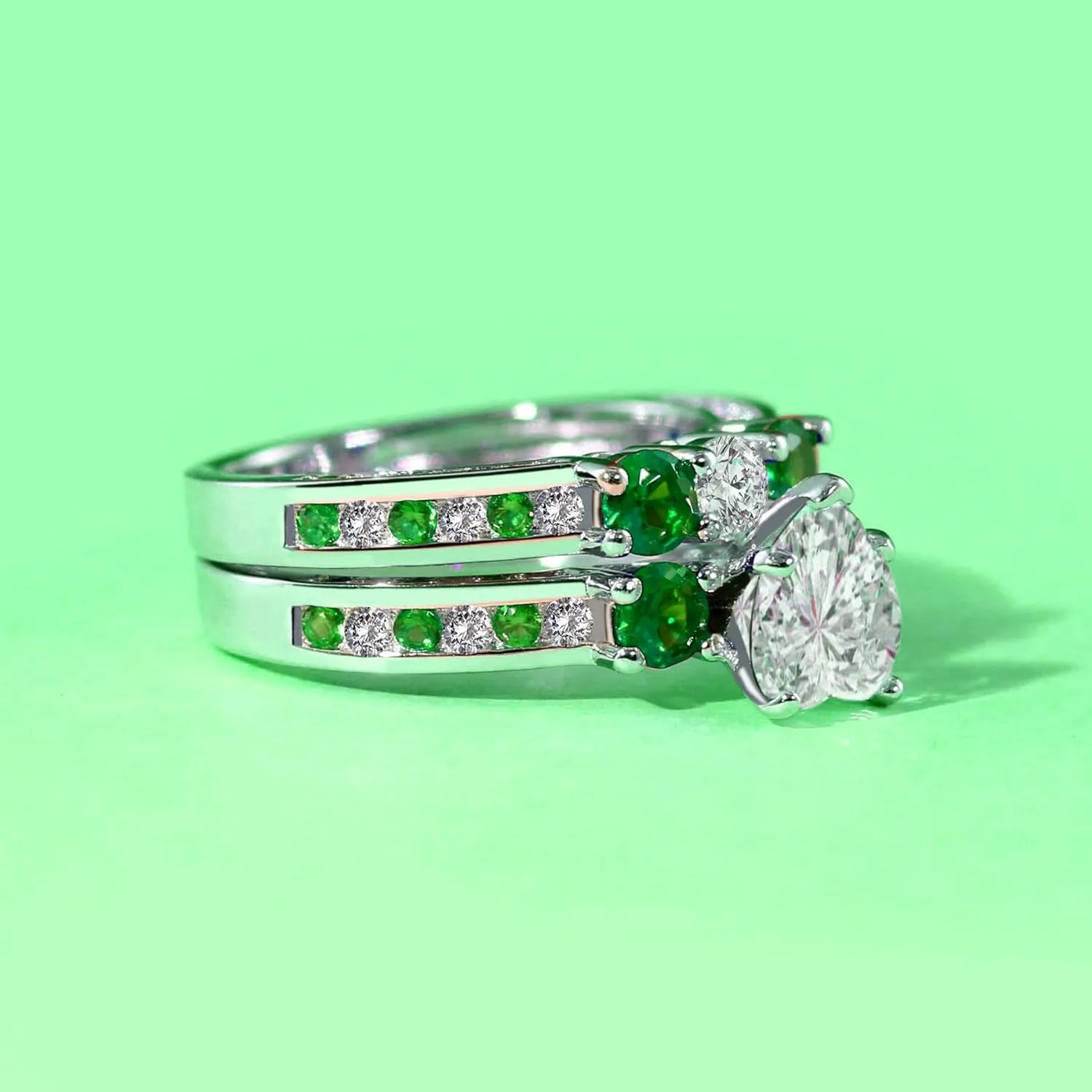 Couple Rings White Gold Plated 925 Sterling Silver Ring Green 1CT Heart CZ Women Wedding Ring Sets Men Titanium Steel Ring
