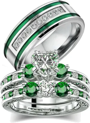 Couple Rings White Gold Plated 925 Sterling Silver Ring Green 1CT Heart CZ Women Wedding Ring Sets Men Titanium Steel Ring