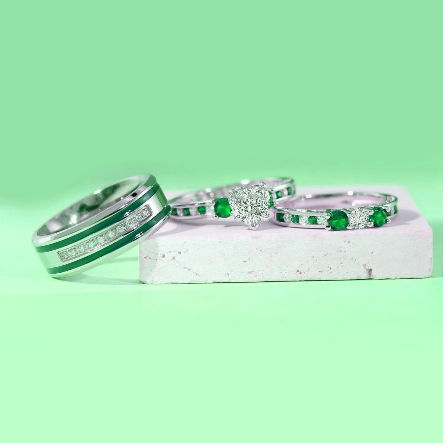 Couple Rings White Gold Plated 925 Sterling Silver Ring Green 1CT Heart CZ Women Wedding Ring Sets Men Titanium Steel Ring