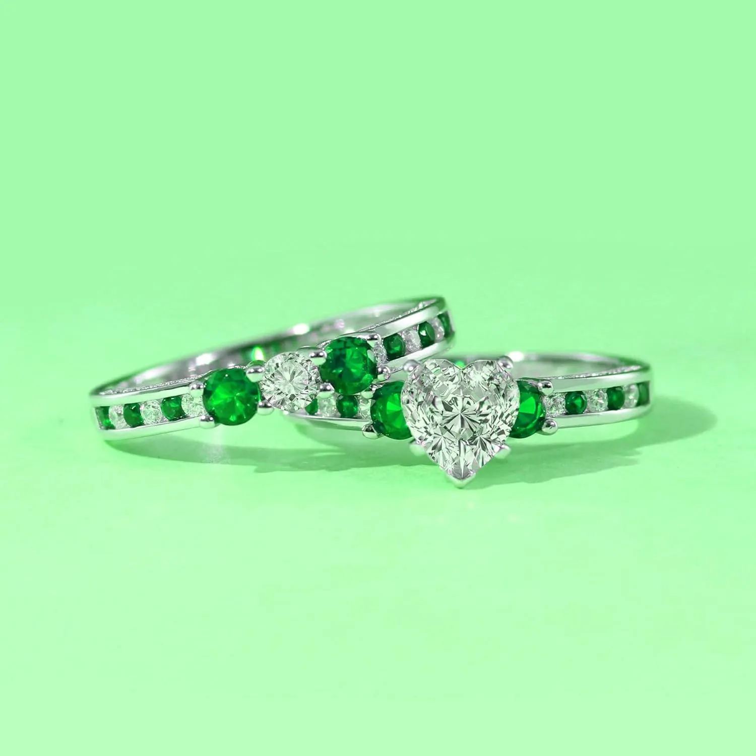 Couple Rings White Gold Plated 925 Sterling Silver Ring Green 1CT Heart CZ Women Wedding Ring Sets Men Titanium Steel Ring
