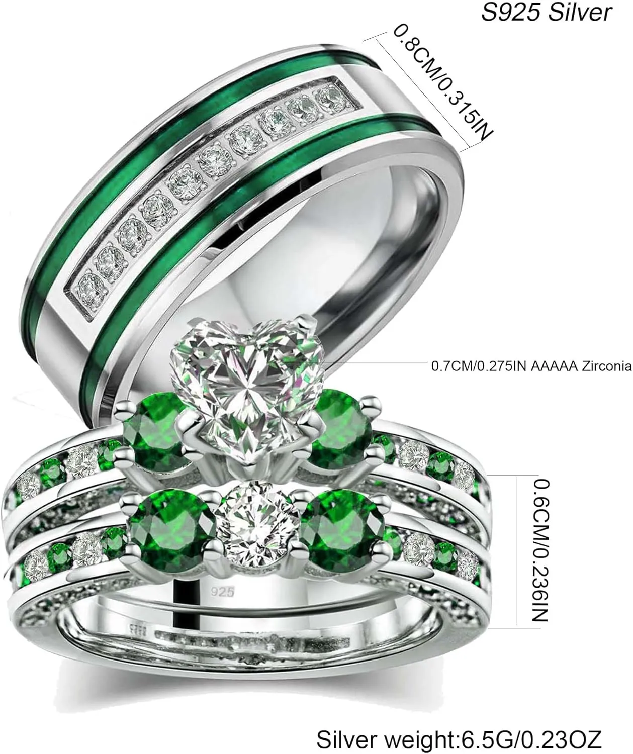 Couple Rings White Gold Plated 925 Sterling Silver Ring Green 1CT Heart CZ Women Wedding Ring Sets Men Titanium Steel Ring
