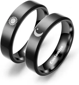 Couples Sun and Moon Ring Matching Rings Customized Engagement Wedding Ring Personalized Band Stainless Steel High Polished Comfort Fit Black