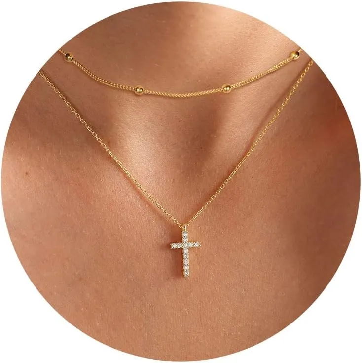 Cross Necklace for Women, Trendy 14K Gold Plated Dainty Pendant Necklaces Everyday Minimalist Jewelry