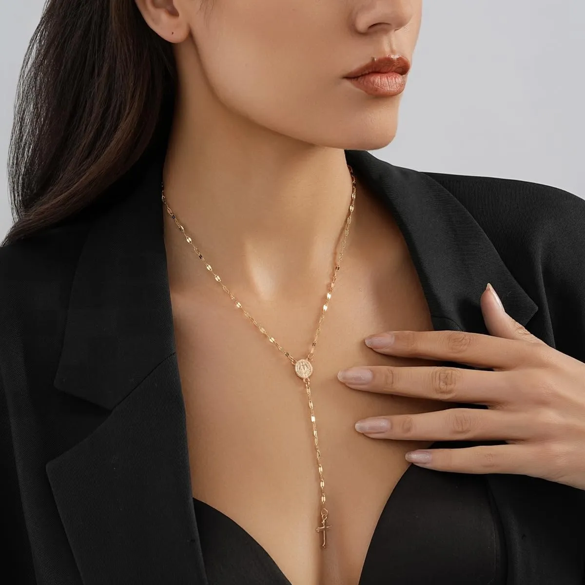 Cross Pendant Necklace Long Trendy Simple Y Tassel Chain Drop Necklaces Chain Faith Gold Jewelry for Women Gift