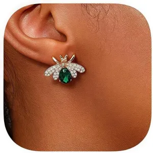 Crystal Bee Stud Earrings, Gold-Toned, Green Emerald Stone, Rhinestone Earrings for Women