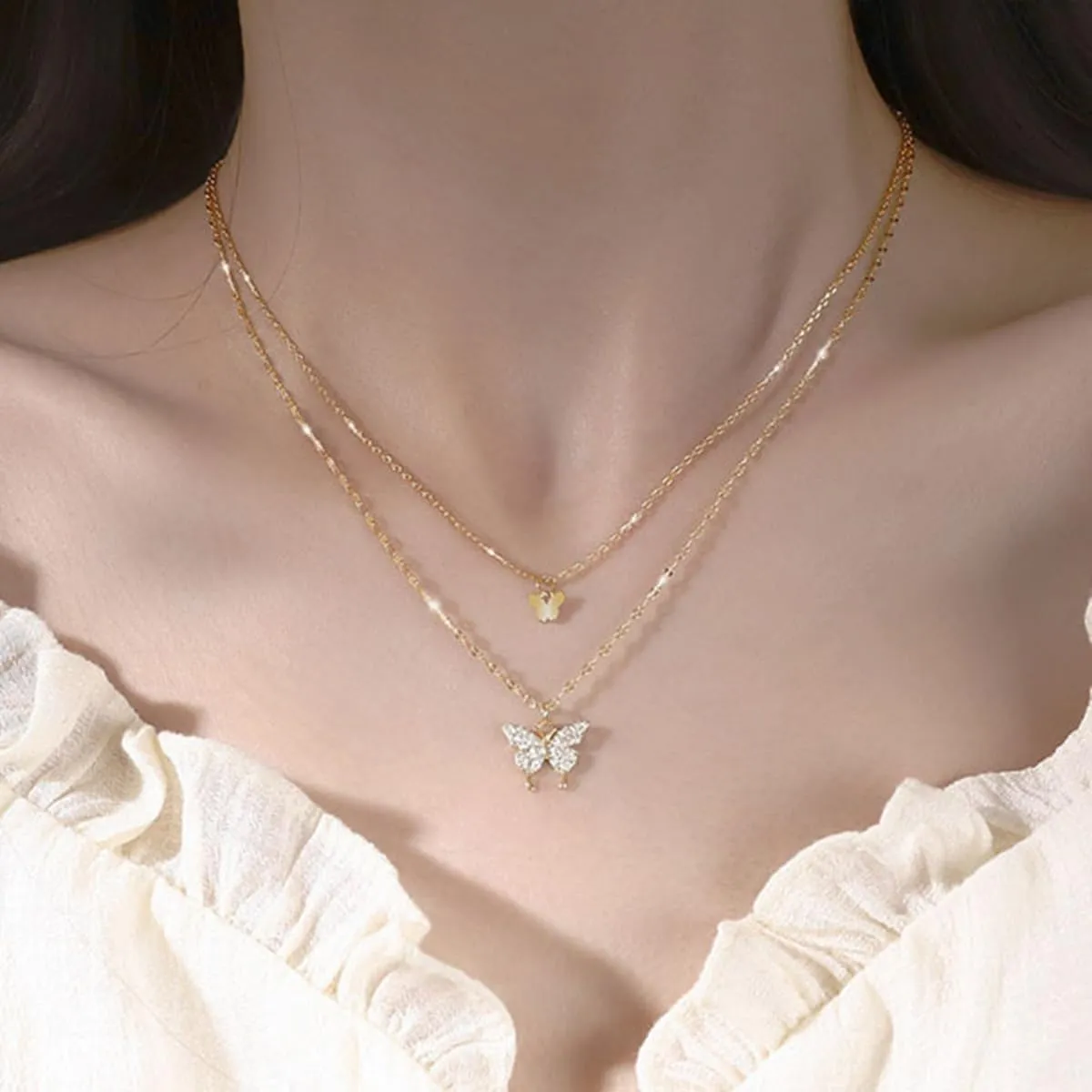 Crystal Butterfly Layered Necklaces for Women Dainty Layering Pendant Necklace Adjustable CZ Animal Chain Choker Cute Jewelry Gifts