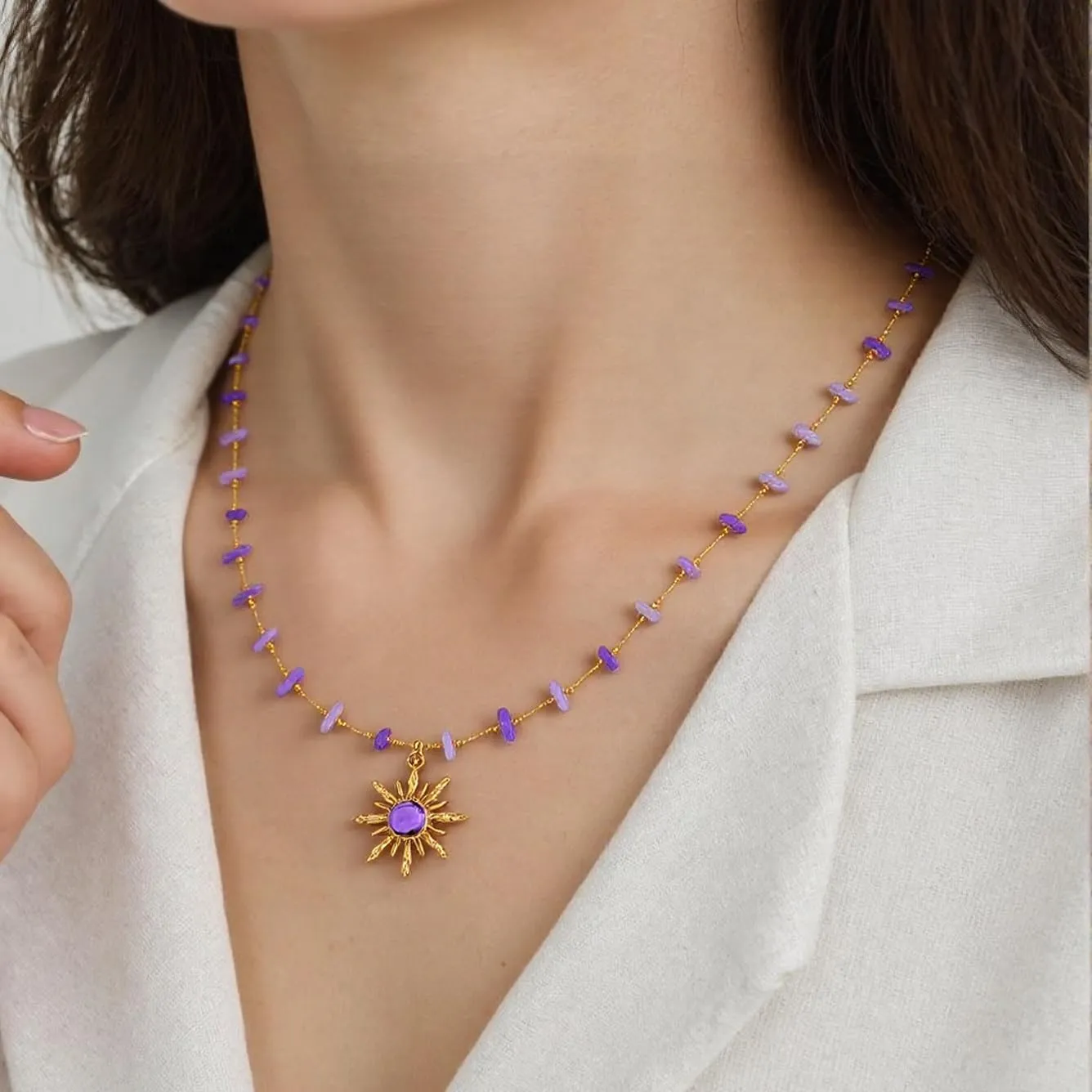 CSIYANJRY99 Crystal Sun Necklace for Women Natural Stone Amethyst Blue Crystal Choker Necklace Rapunzel Costume Accessories Halloween Costume Jewelry