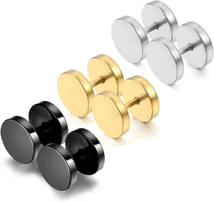Cupimatch 3Pairs 3mm-12mm Screw Stud Earrings Mens Stainless Steel Cheater Fake Ear Plugs Gauges Illusion Tunnel, Black/Silver/Gold