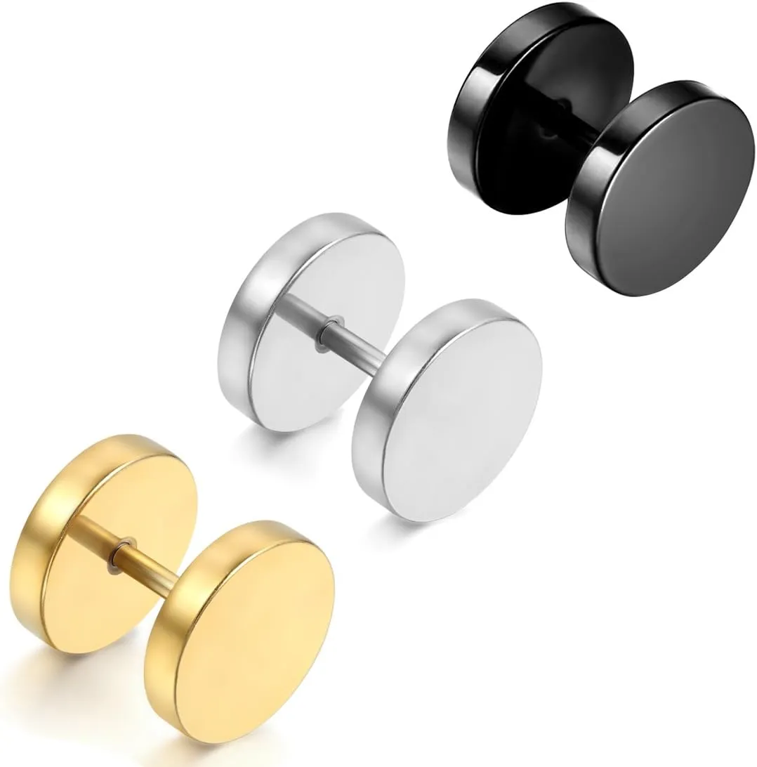 Cupimatch 3Pairs 3mm-12mm Screw Stud Earrings Mens Stainless Steel Cheater Fake Ear Plugs Gauges Illusion Tunnel, Black/Silver/Gold