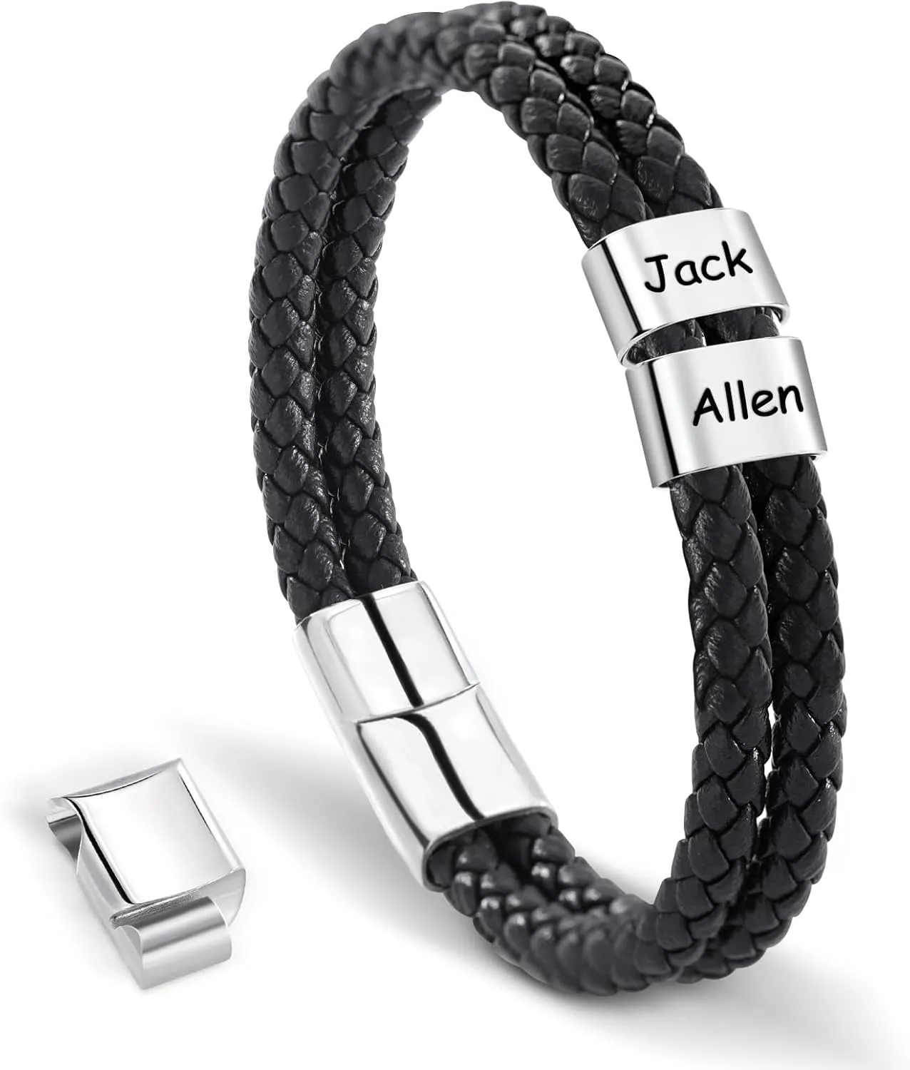 Custom Mens Bracelet with 1-5 Beads Personalized Leather ID Bracelets for Men Customized Braided Name Bracelets Father's Day Gifts for Dad