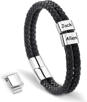 Custom Mens Bracelet with 1-5 Beads Personalized Leather ID Bracelets for Men Customized Braided Name Bracelets Father's Day Gifts for Dad