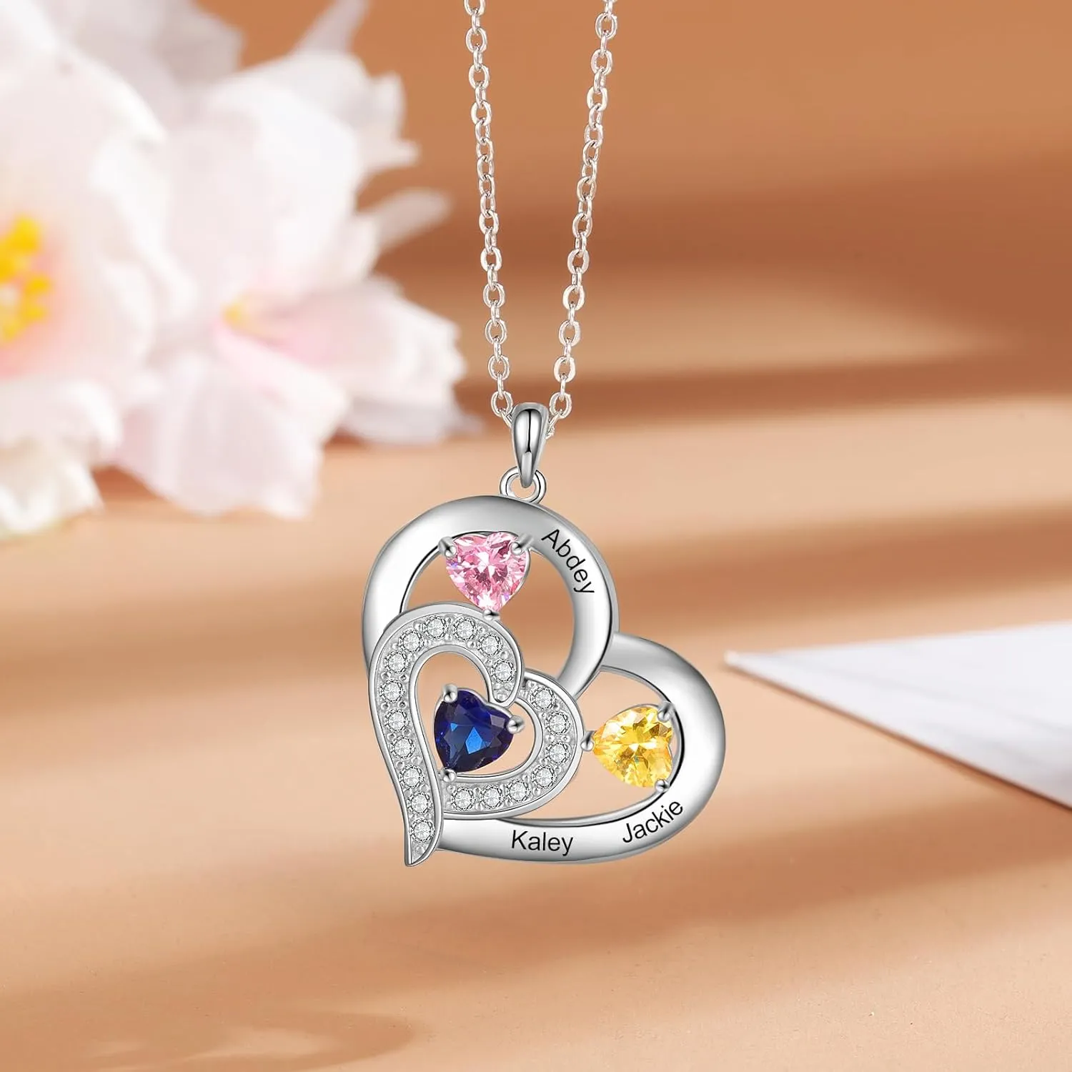 Custom Mothers Day Necklace for Mom, Personalized Heart Pendant Necklaces for Women with 1-6 Birthstones & Engraved Names, Gifts for Her, Wife, Grandma, Nana, Girlfriend Birthday Jewelry