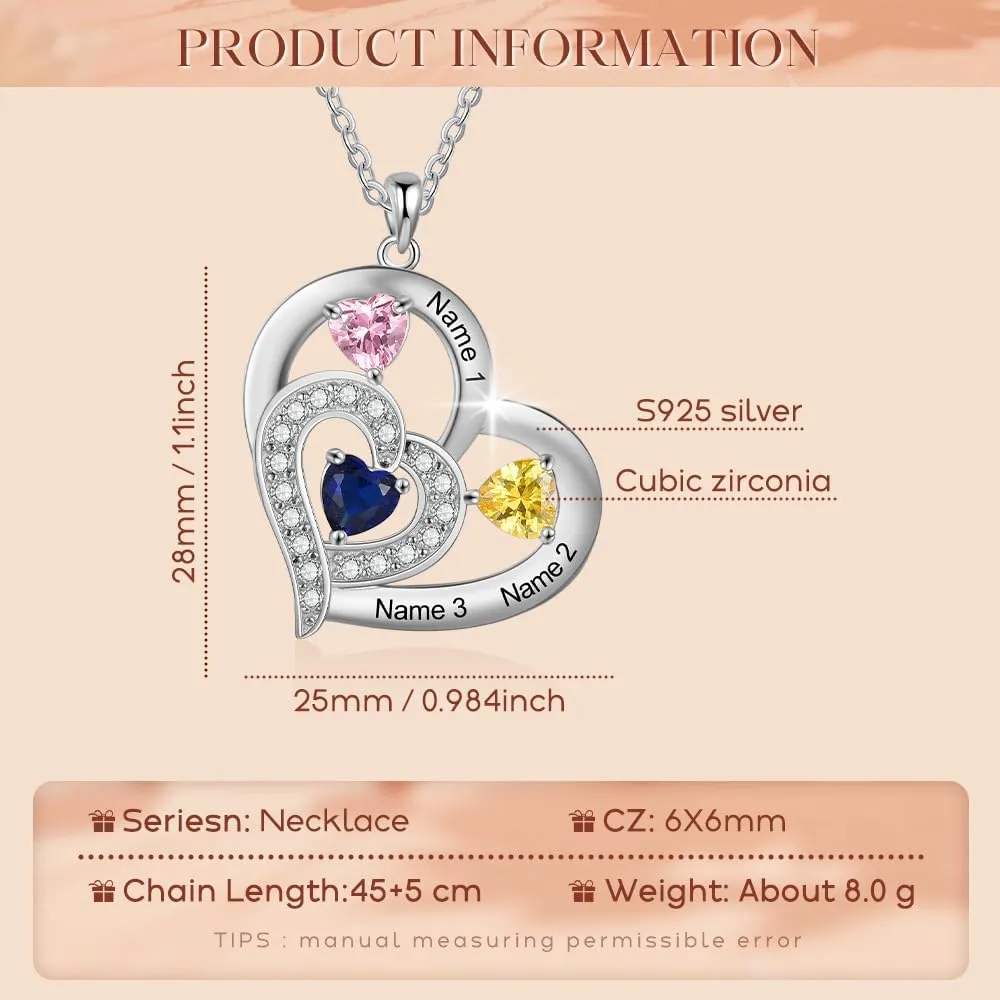 Custom Mothers Day Necklace for Mom, Personalized Heart Pendant Necklaces for Women with 1-6 Birthstones & Engraved Names, Gifts for Her, Wife, Grandma, Nana, Girlfriend Birthday Jewelry