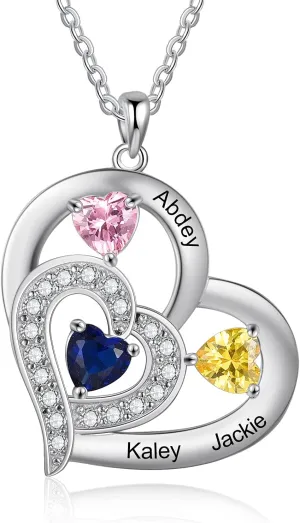 Custom Mothers Day Necklace for Mom, Personalized Heart Pendant Necklaces for Women with 1-6 Birthstones & Engraved Names, Gifts for Her, Wife, Grandma, Nana, Girlfriend Birthday Jewelry