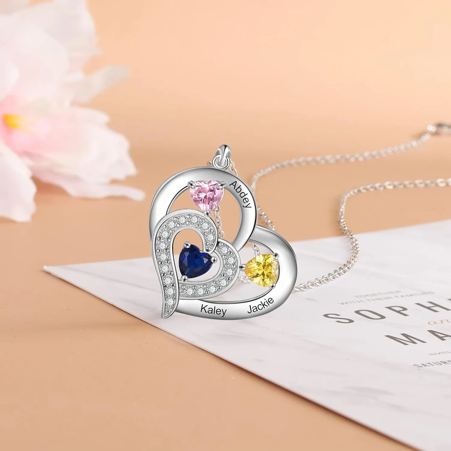 Custom Mothers Day Necklace for Mom, Personalized Heart Pendant Necklaces for Women with 1-6 Birthstones & Engraved Names, Gifts for Her, Wife, Grandma, Nana, Girlfriend Birthday Jewelry