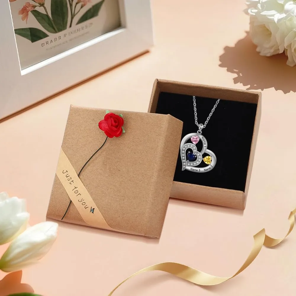 Custom Mothers Day Necklace for Mom, Personalized Heart Pendant Necklaces for Women with 1-6 Birthstones & Engraved Names, Gifts for Her, Wife, Grandma, Nana, Girlfriend Birthday Jewelry