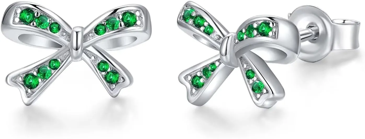 Cute Birthstone Bow Stud Earrings for Girls Women 925 Sterling Silver Bowknot Earrings Valentines Christmas Birthday Gifts for Teens Girls