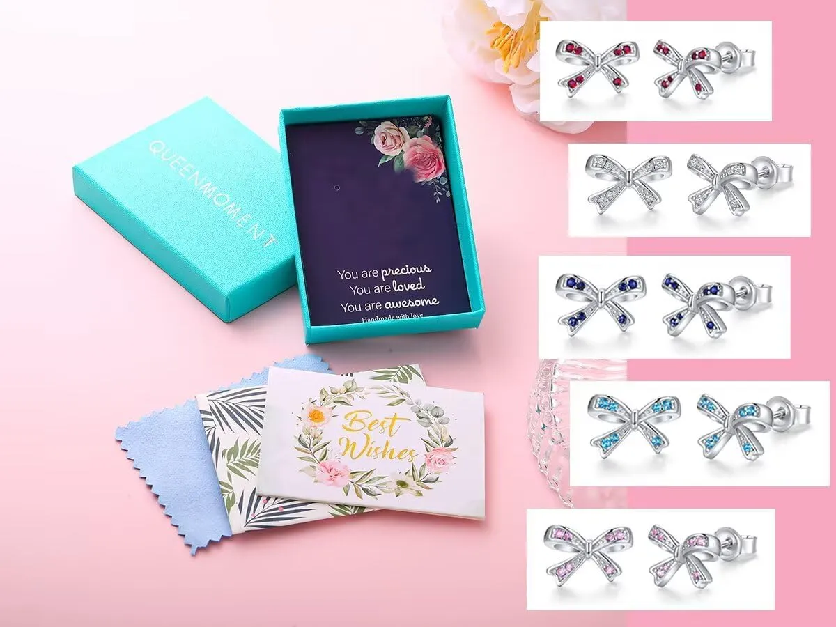 Cute Birthstone Bow Stud Earrings for Girls Women 925 Sterling Silver Bowknot Earrings Valentines Christmas Birthday Gifts for Teens Girls