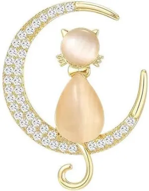 Cute Cat on the Moon Rhinestone Brooch Pin for Women Girls Fashion Animal Kitten Crescent Celestial Lapel Pins Gold Crystal Moonstone Brooches Suit Corsage Clothes Accessories Party Jewelry Mom Wife