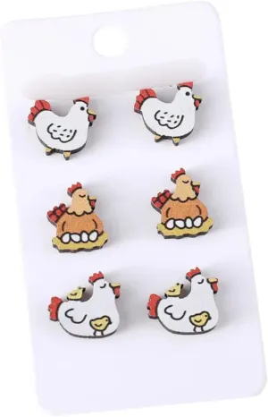 Cute Chicken Stud Earrings Set, 3 Pairs, White and Gold Farm Animal Design