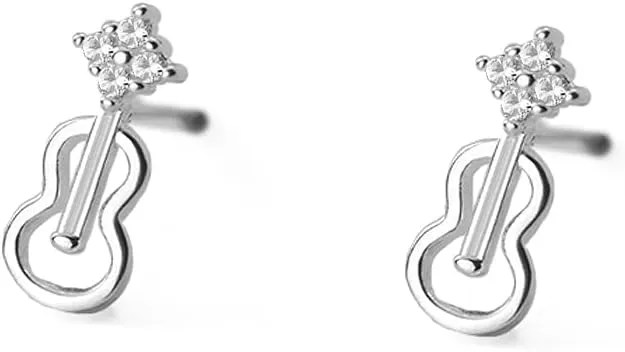 Cute CZ Hollow Violin Tiny Small Stud Earrings for Women Teen Girls Cartilage Tragus Sensitive Ear S925 Sterling Silver Mini Piercing Post Personalized Fashion Jewelry Hypoallergenic Minimalist Gifts