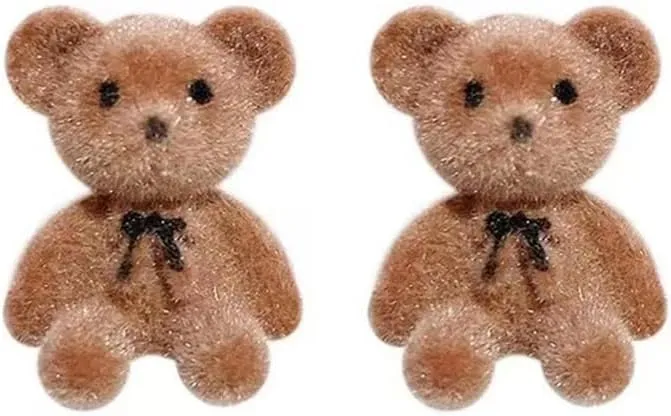 Cute Flocking Bear Stud Earrings for Women Hypoallergenic Minimalist Design, Kawaii Funny Plush Bear Stud Earrings for Women