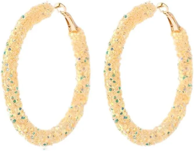 Cute Glitter Sequin Hoop Earrings Gold Plated Round Delicate Rhinestone Pendant Earrings Bling Bling Personality Earrings Boho Chic Jewelry