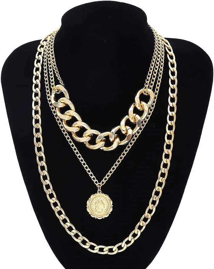 Daimay Alloy Choker Necklace Multilayer Portrait Pendant for Women Men Chunky Chain Punk Gothic Necklaces Sweater Chain  Gold