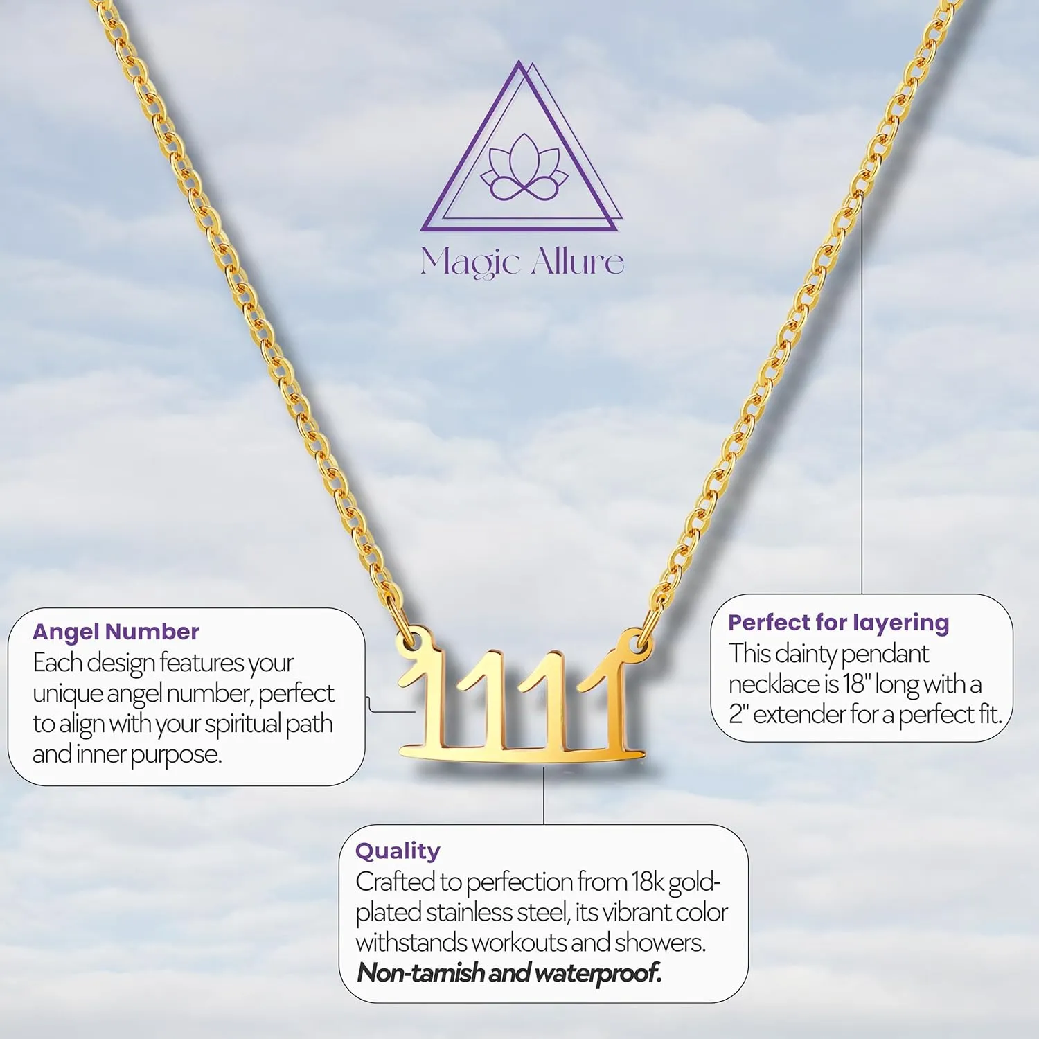 Dainty Angel Numbers Necklace  Numerology Pendant for Guidance, Inspiration, Manifestation & Law of Attraction  Waterproof Gold Necklace for Women  Non-Tarnish Jewelry  Meaningful Gift for Women