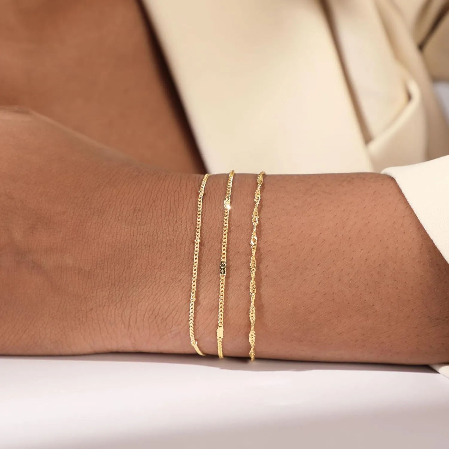 Dainty Bracelet for Women 14K Gold Plated Cross Pearl CZ Leaf Bracelets Set Gold Layering Bracelets Everyday Jewelry