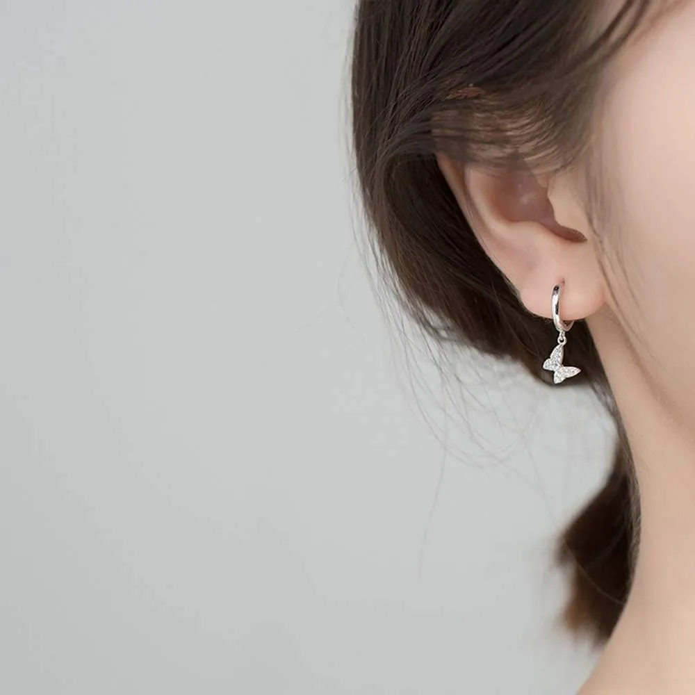 Dainty Butterfly Dangle Hoop Earrings 925 Sterling Silver for Women Cute CZ Crystal Diamond Sparkly Charm Drop Cartilage Small Huggie Hoops 10mm Fashion Jewelry Christmas Gifts Hypoallergenic