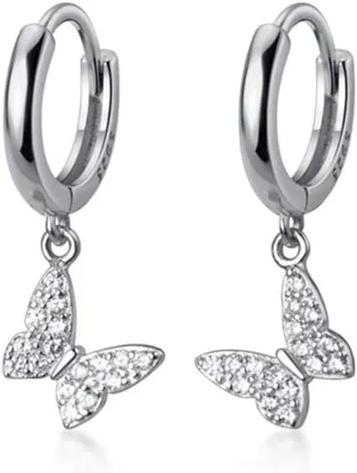 Dainty Butterfly Dangle Hoop Earrings 925 Sterling Silver for Women Cute CZ Crystal Diamond Sparkly Charm Drop Cartilage Small Huggie Hoops 10mm Fashion Jewelry Christmas Gifts Hypoallergenic