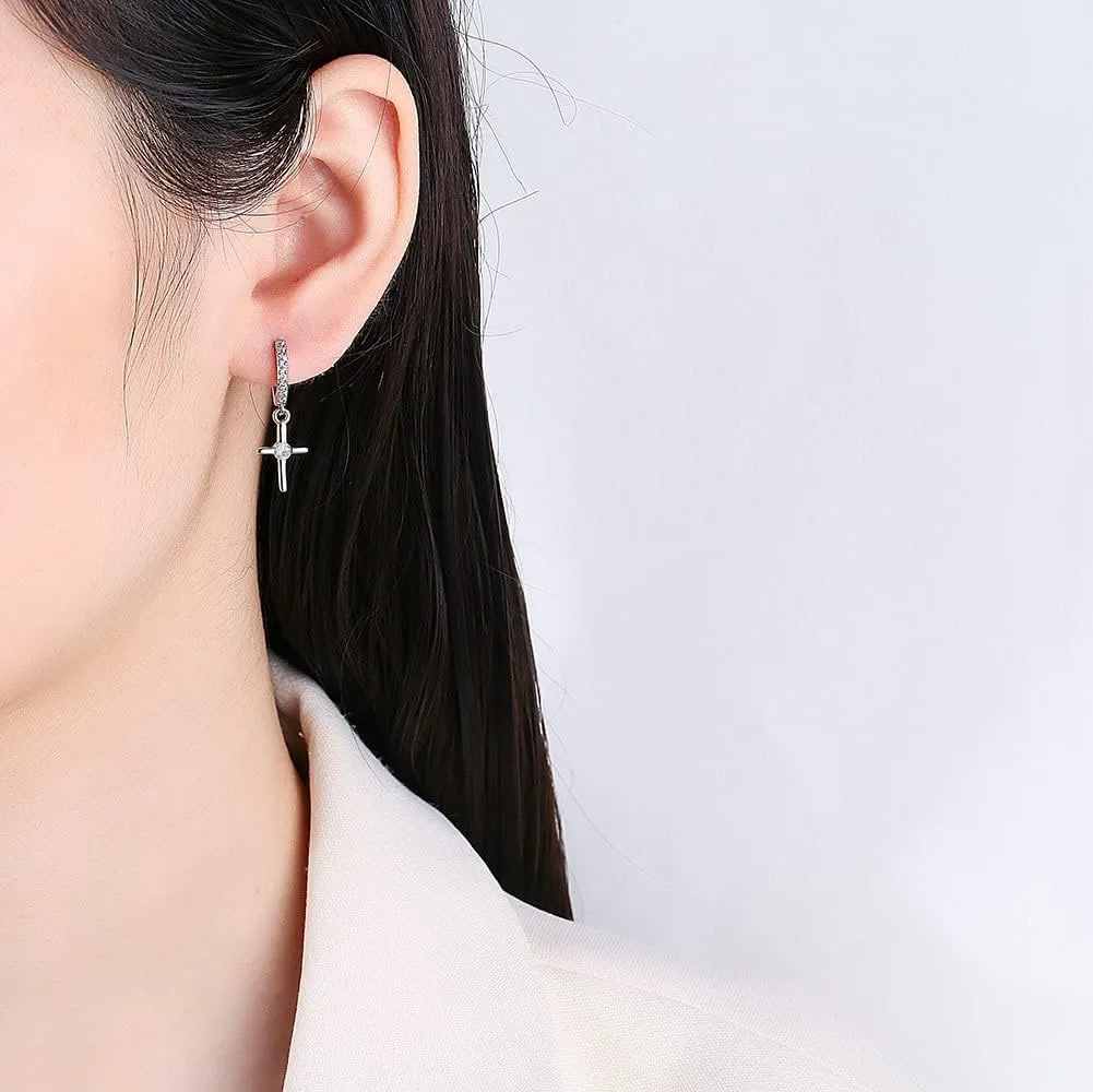 Dainty Cross Dangle Hoop Earrings Cubic Zirconia Crystal Drop Tiny Small Huggie Hoops Earring Piercing Cuffs Fashion Faith Jewelry Gifts for Women Girls Bff