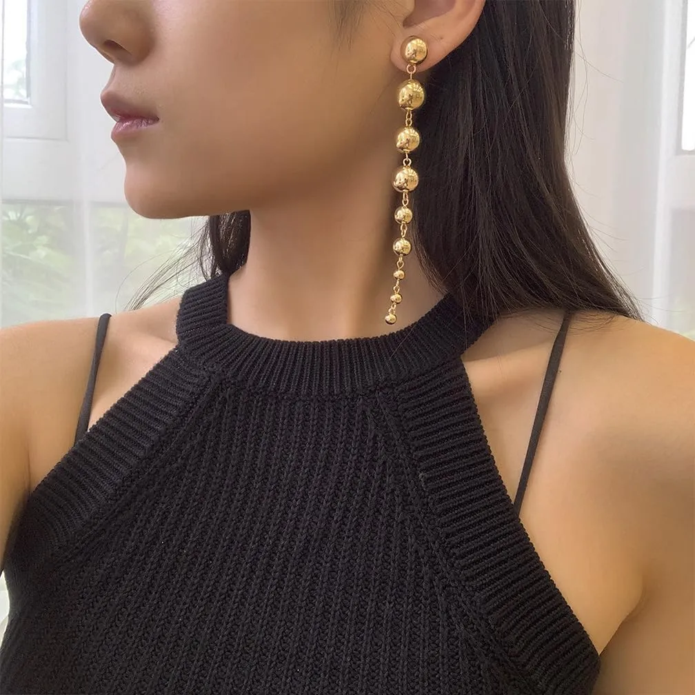 Dainty Gold Long Balls Beaded Dangle Earrings for Women Personalized Silver Round Ball Tassel Statement Earring Vintage Punk Hippie Prom Formal Jewelry