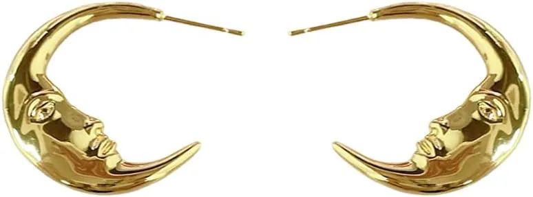 Dainty Moon Half Hoop Earrings for Women 14K Real Gold Plated Abstract Portrait Unique Huggie Open Hoops Hypoallergenic Fashion Jewelry Gift