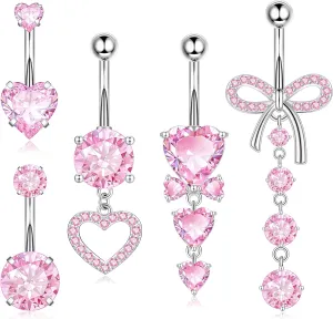 Dangle Belly Button Rings Piercing Jewelry for Women Surgical Stainless Steel Dangling Belly Ring Pack with Heart Bow Elements 14g