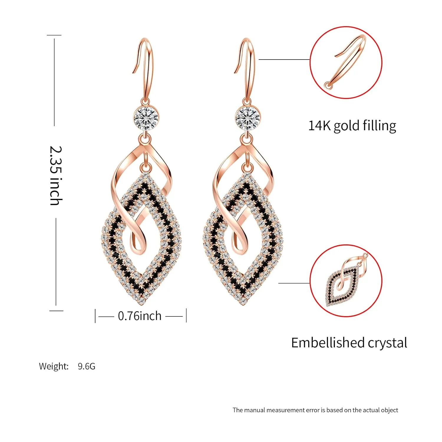 Dangle Earrings for Women, 925 Sterling Silver Handmade Linear Swirl Wire Bohemian Boho 14K Gold Diamonds Earrings Hypoallergenic Fashion Jewelry Gifts for women (Rose Gold)