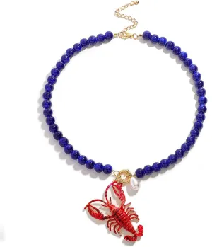Deep Blue Beaded Red Lobster Pendant Necklace for Women, Boho Summer Beach Jewelry Gift for Everyday Wear Vacation