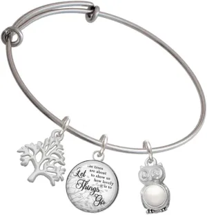 Delight Jewelry Silvertone 3-D Crystal Owl Silvertone Let Things Go Tree Charm Bangle Bracelet