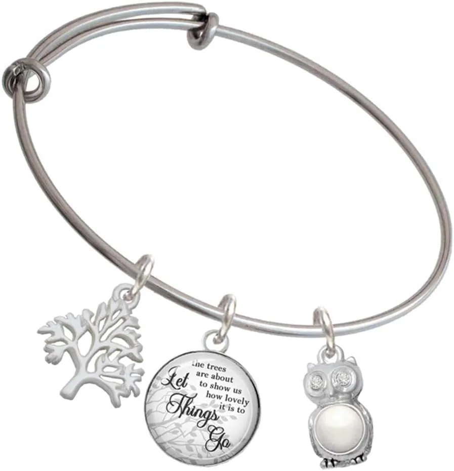 Delight Jewelry Silvertone 3-D Crystal Owl Silvertone Let Things Go Tree Charm Bangle Bracelet