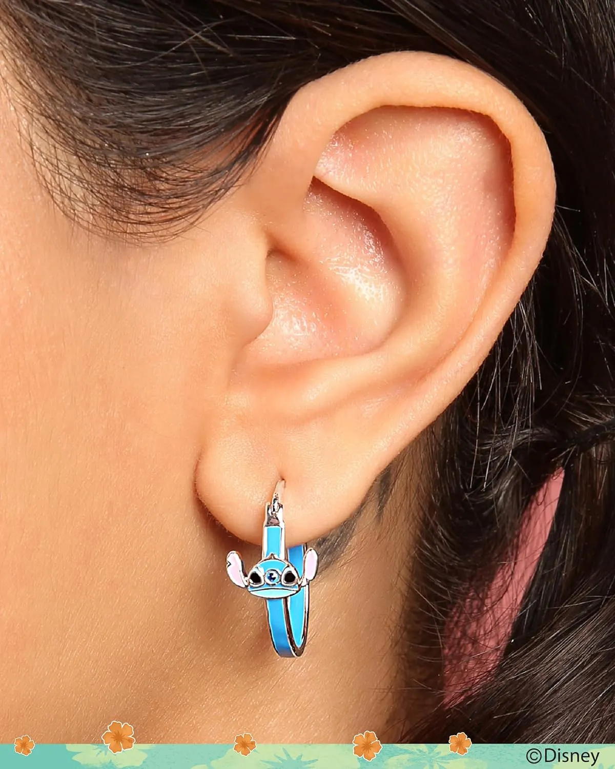 Disney Womens Lilo and Stitch Hoop Earrings  Officially Licensed Jewelry Silver Flash-Plated Enamel and Crystal