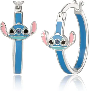 Disney Womens Lilo and Stitch Hoop Earrings  Officially Licensed Jewelry Silver Flash-Plated Enamel and Crystal