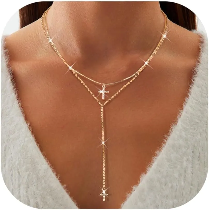 Dochais Dainty Gold Layered Necklace for Women, 14K Gold Plated Y Necklace & Chain, Dainty Lariat Long Necklaces, Trendy Cubic Zirconia Choker, Sun, Heart, Pearl & Cross Pendant Necklace, Jewelry Gift