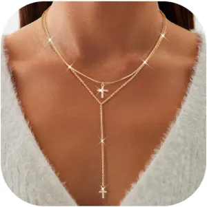 Dochais Dainty Gold Layered Necklace for Women, 14K Gold Plated Y Necklace & Chain, Dainty Lariat Long Necklaces, Trendy Cubic Zirconia Choker, Sun, Heart, Pearl & Cross Pendant Necklace, Jewelry Gift