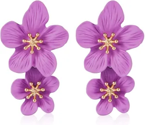 Double Flower Earrings - 3D Floral Dangle Boho Chic Wild Flower Earrings for Women & Girls - Wedding Party Statement Jewelry