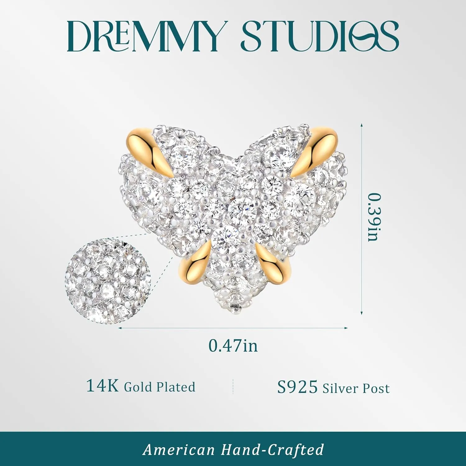 Dremmy Studios Women Gold Stud Earrings 14K Gold Plated Zirconia Snake Cross Flower Heart Butterfly Earrings S925 Silver Post Cartilage Earrings
