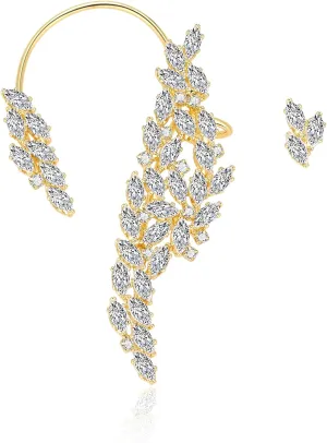 Ear Crawler Climber Earrings for Women - Sparkly Elegant Cubic Zirconia Adjustable Cuff Wrap Pierced Rhinestone Stud Set - Hypoallergenic Cartilage Jewelry (Gold 2)